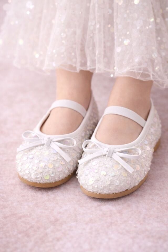 Kız Çocuk Payetli Işıltılı Babet Ayakkabı-Lastikli Rahat Kalıp Fiyonk Detaylı Günlük Ve Özel Gün