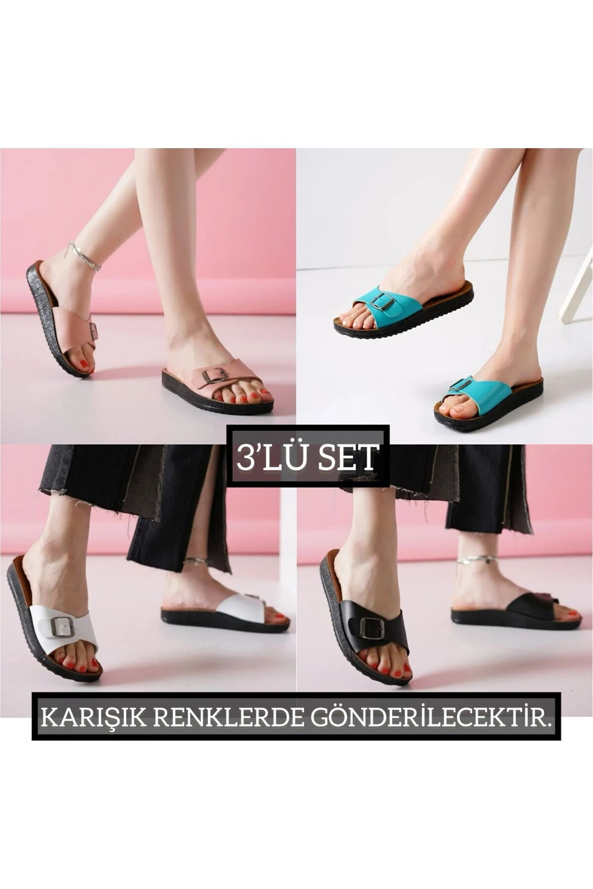 3'lü Kadın Kaymaz Sokak Plaj Banyo Yazlık Gündelik Terlik ÜÇLÜ A-FLX TEK TOKA - 38