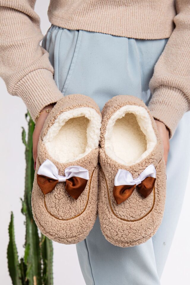 Sevimli Kurdeleli Kaydırmaz Taban Kışlık-Mevsimlik Kadın Ev Pandufu VİZON - 38