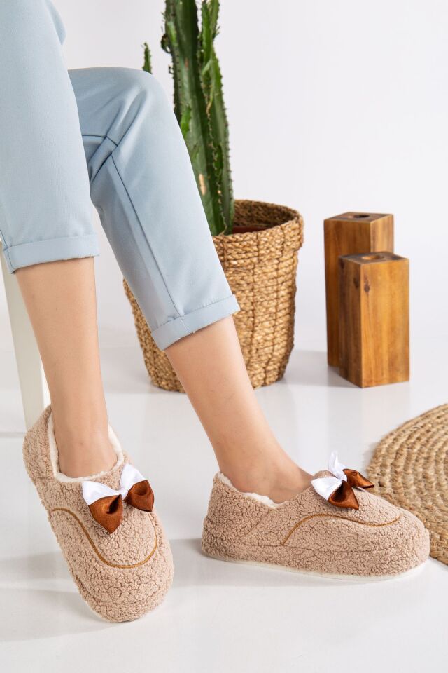 Sevimli Kurdeleli Kaydırmaz Taban Kışlık-Mevsimlik Kadın Ev Pandufu VİZON - 38