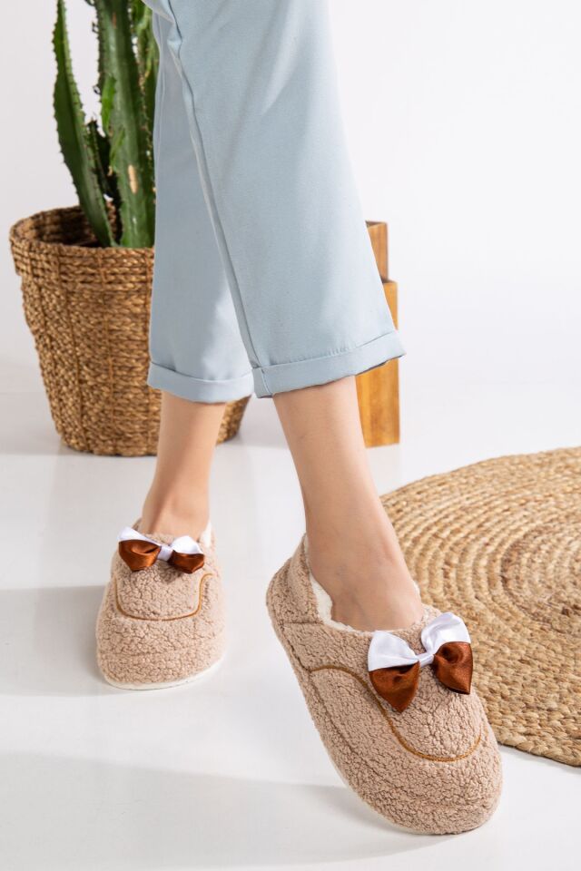 Sevimli Kurdeleli Kaydırmaz Taban Kışlık-Mevsimlik Kadın Ev Pandufu VİZON - 38