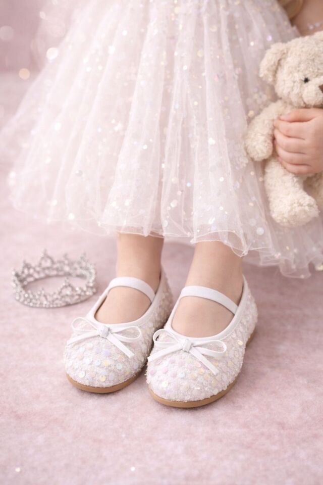 Kız Çocuk Payetli Işıltılı Babet Ayakkabı-Lastikli Rahat Kalıp Fiyonk Detaylı Günlük Ve Özel Gün BEYAZ - 33