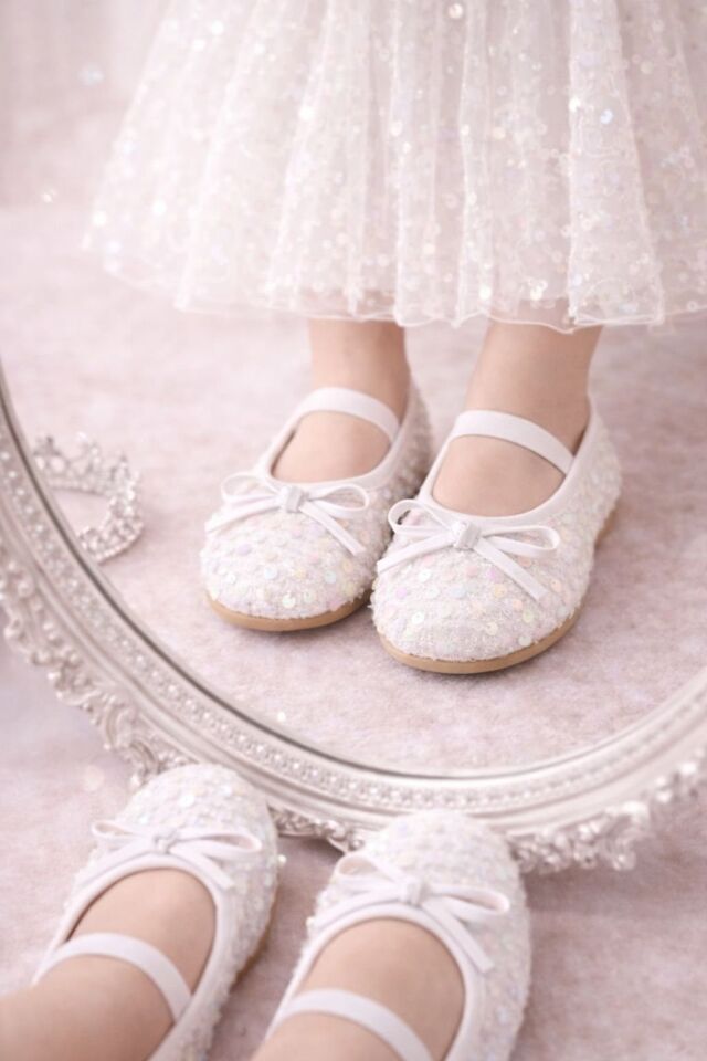 Kız Çocuk Payetli Işıltılı Babet Ayakkabı-Lastikli Rahat Kalıp Fiyonk Detaylı Günlük Ve Özel Gün BEYAZ - 35