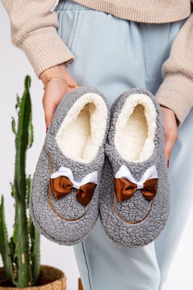 Sevimli Kurdeleli Kaydırmaz Taban Kışlık-Mevsimlik Kadın Ev Pandufu GRİ - 38