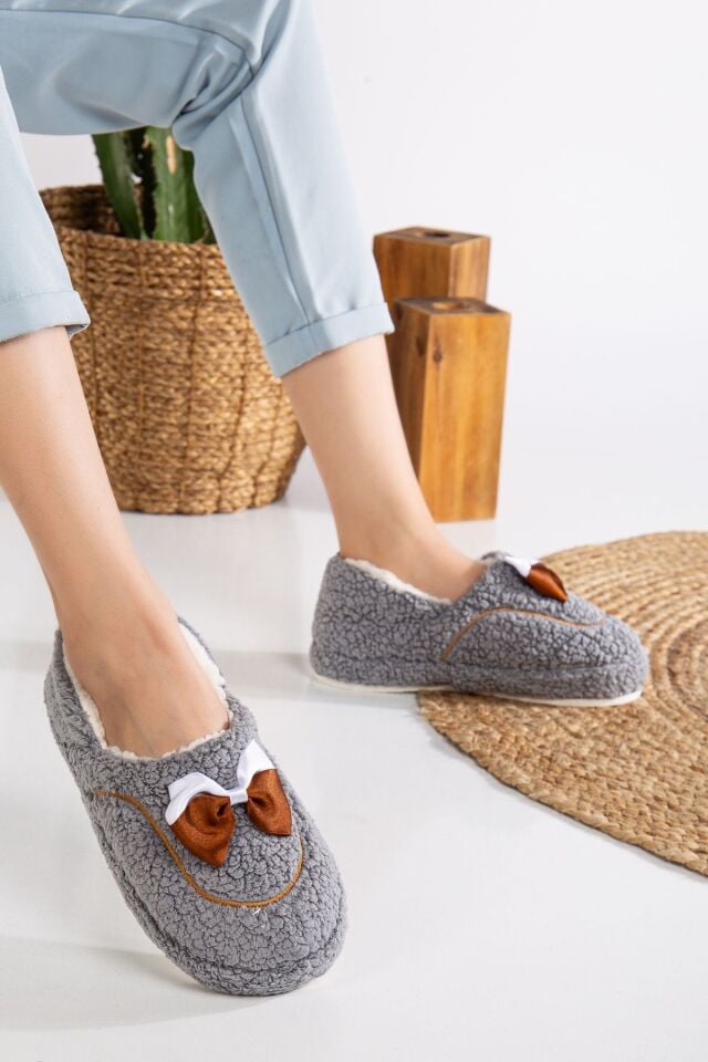 Sevimli Kurdeleli Kaydırmaz Taban Kışlık-Mevsimlik Kadın Ev Pandufu GRİ - 38