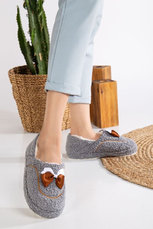 Sevimli Kurdeleli Kaydırmaz Taban Kışlık-Mevsimlik Kadın Ev Pandufu GRİ - 38