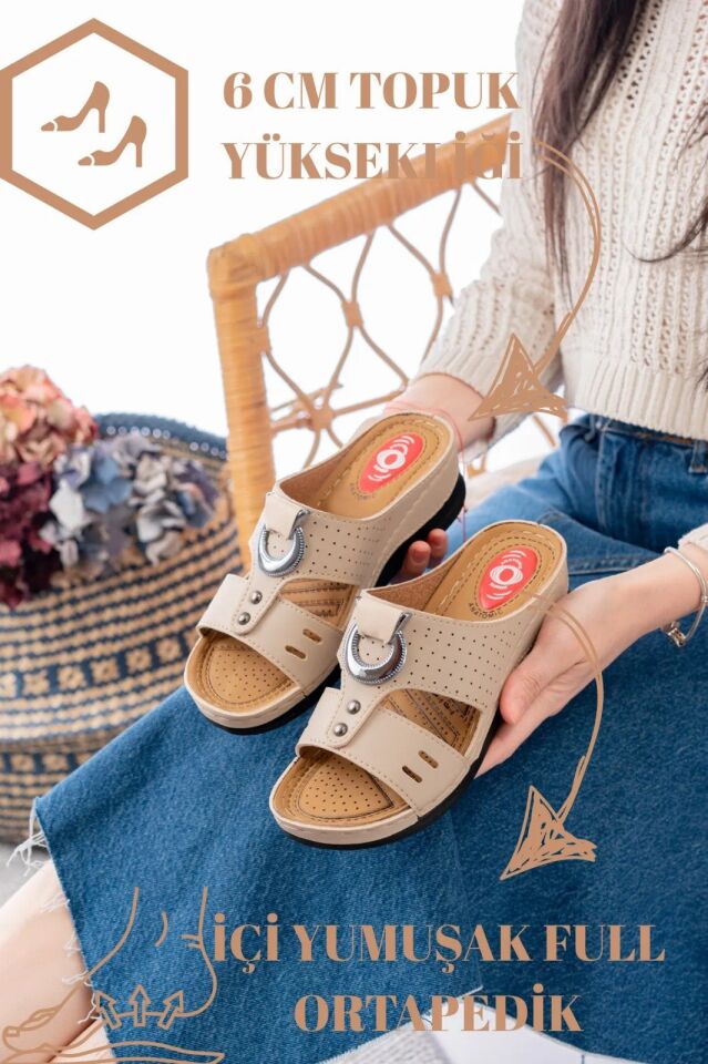 Kadın Dolgu Topuk Ortopedik Siyah Günlük Terlik Rahat Hafif Şık İçi Pedli Genç Anne Terlik HALKALI KREM - 40