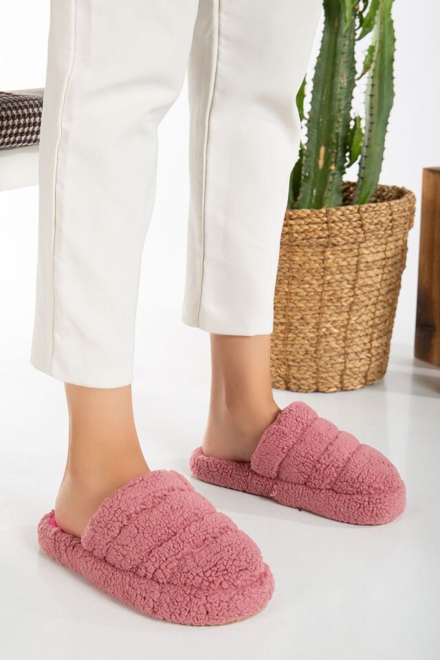 Kuzu Kumaş Yünlü Sessiz Taban Kadın Terlik Kapalı Ev Terliği GÜL KURUSU - 37