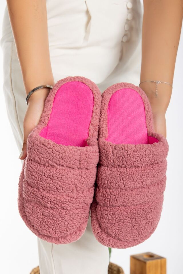 Kuzu Kumaş Yünlü Sessiz Taban Kadın Terlik Kapalı Ev Terliği GÜL KURUSU - 40