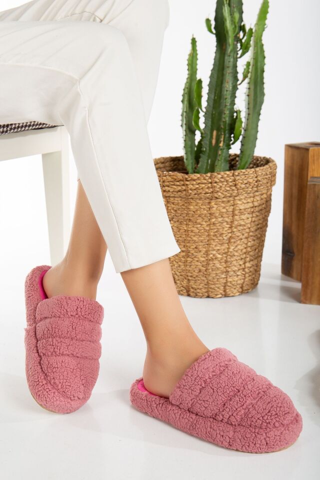 Kuzu Kumaş Yünlü Sessiz Taban Kadın Terlik Kapalı Ev Terliği GÜL KURUSU - 40