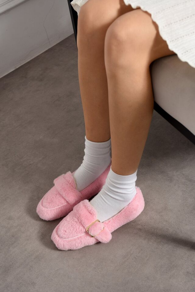Yumuşak Peluş Tokalı Kadın Ev Babeti Ses Yapmaz Hafif Taban Panduf Ev Babeti PUDRA - 38