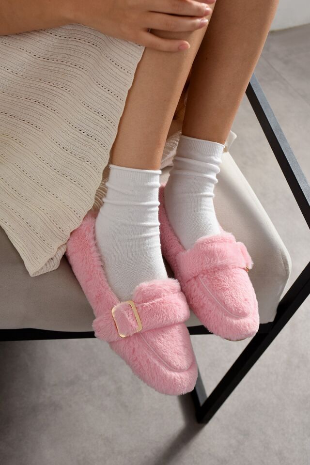 Yumuşak Peluş Tokalı Kadın Ev Babeti Ses Yapmaz Hafif Taban Panduf Ev Babeti PUDRA - 40