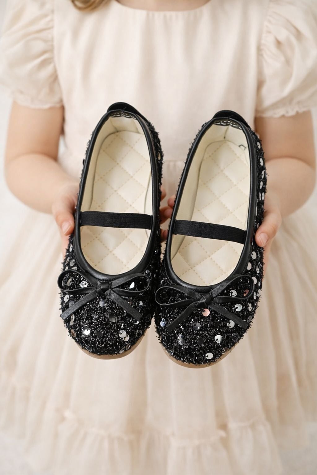 Kız Çocuk Payetli Işıltılı Babet Ayakkabı-Lastikli Rahat Kalıp Fiyonk Detaylı Günlük Ve Özel Gün SİYAH - 35