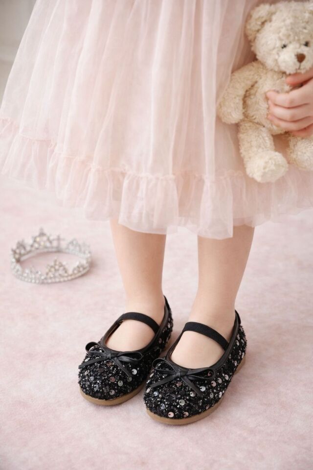 Kız Çocuk Payetli Işıltılı Babet Ayakkabı-Lastikli Rahat Kalıp Fiyonk Detaylı Günlük Ve Özel Gün SİYAH - 35