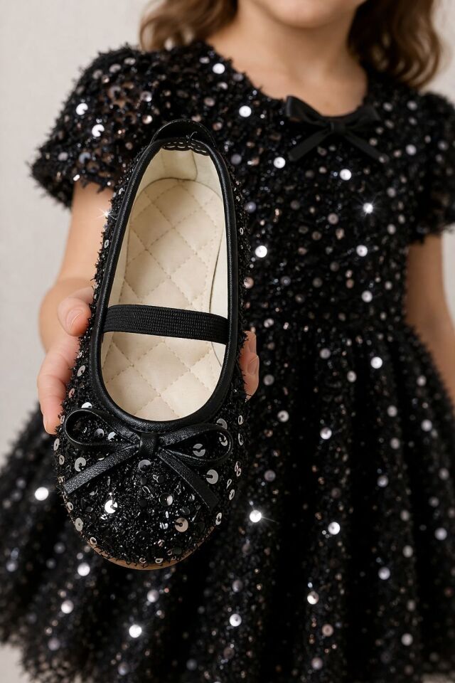 Kız Çocuk Payetli Işıltılı Babet Ayakkabı-Lastikli Rahat Kalıp Fiyonk Detaylı Günlük Ve Özel Gün SİYAH - 35