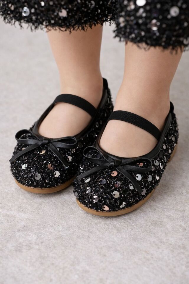 Kız Çocuk Payetli Işıltılı Babet Ayakkabı-Lastikli Rahat Kalıp Fiyonk Detaylı Günlük Ve Özel Gün SİYAH - 35