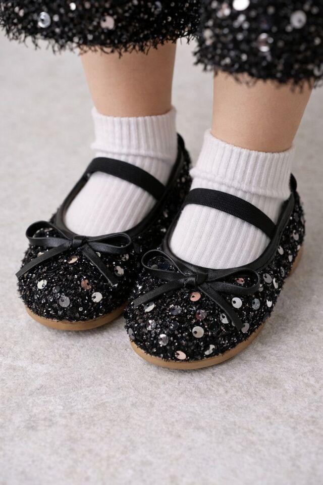 Kız Çocuk Payetli Işıltılı Babet Ayakkabı-Lastikli Rahat Kalıp Fiyonk Detaylı Günlük Ve Özel Gün SİYAH - 35