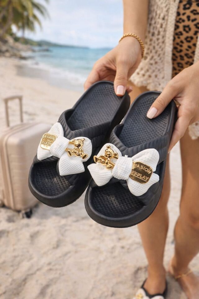 Kadın Fiyonk Detaylı Ayıcıklı Plaj Terliği-Hafif Taban Kaymaz Günlük Yazlık Deniz Havuz Terliği Rahat Konforlu Şık Tasarım