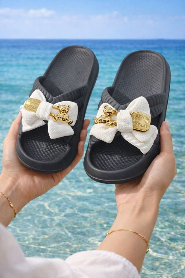 Kadın Fiyonk Detaylı Ayıcıklı Plaj Terliği-Hafif Taban Kaymaz Günlük Yazlık Deniz Havuz Terliği Rahat Konforlu Şık Tasarım