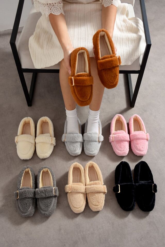 Yumuşak Peluş Tokalı Kadın Ev Babeti Ses Yapmaz Hafif Taban Panduf Ev Babeti GRİ - 37