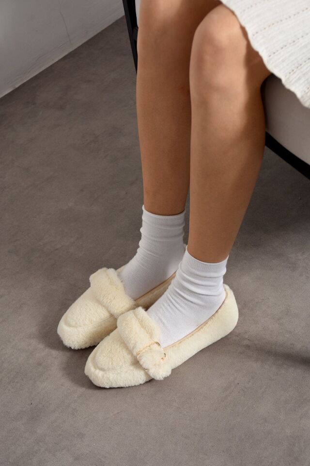 Yumuşak Peluş Tokalı Kadın Ev Babeti Ses Yapmaz Hafif Taban Panduf Ev Babeti KREM - 36