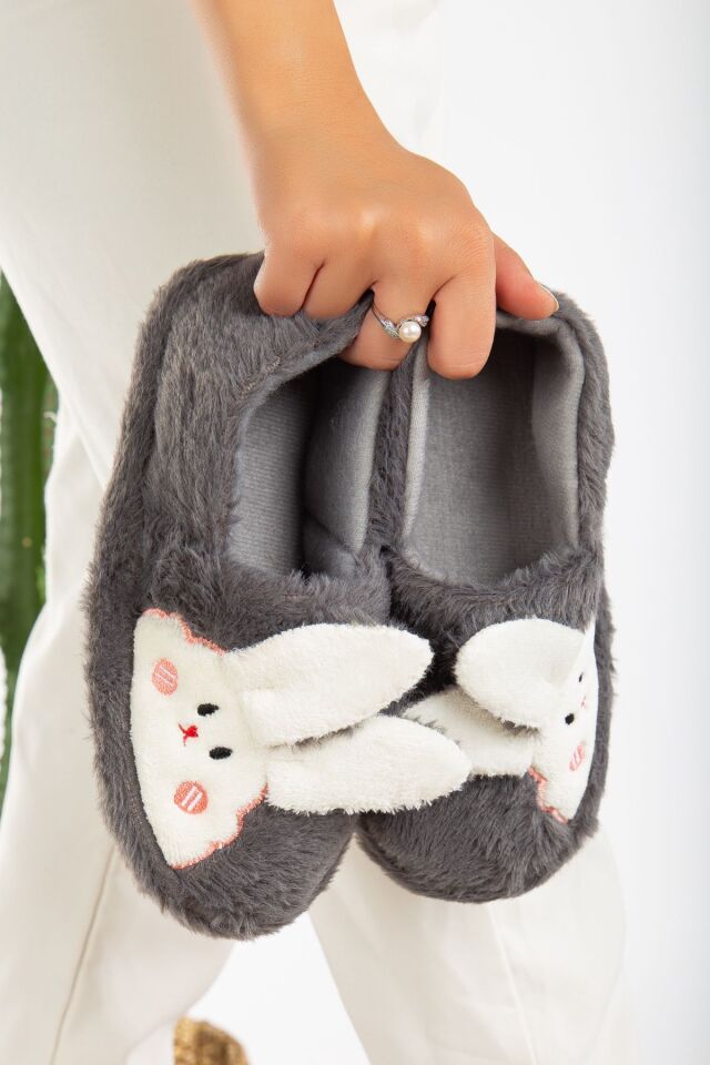 Tavşanlı Panduf Kışlık Yumuşak Peluş Ev Ayakkabısı GRİ - 38