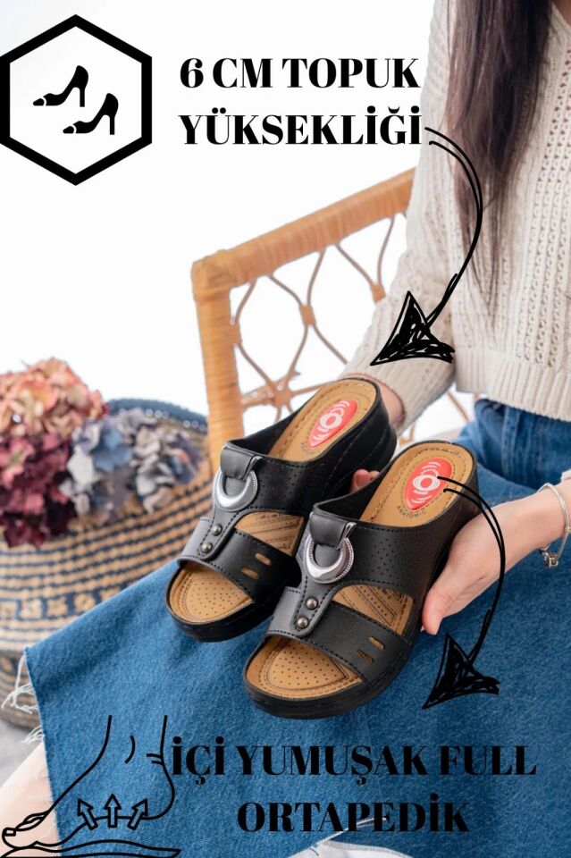 Kadın Dolgu Topuk Ortopedik Siyah Günlük Terlik Rahat Hafif Şık İçi Pedli Genç Anne Terlik HALKALI SİYAH - 39