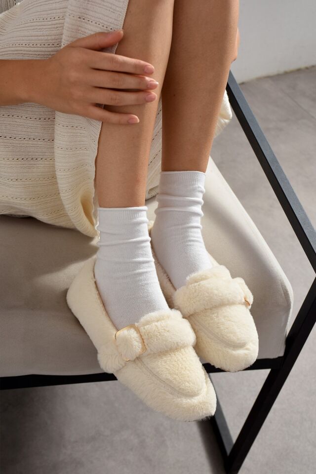 Yumuşak Peluş Tokalı Kadın Ev Babeti Ses Yapmaz Hafif Taban Panduf Ev Babeti KREM - 40