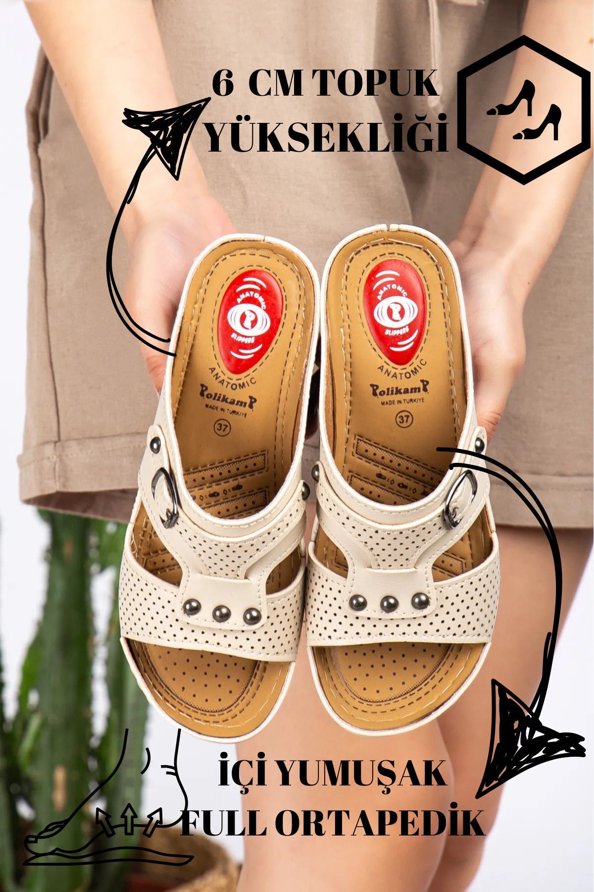 Kadın Dolgu Topuk Ortopedik Siyah Günlük Terlik Rahat Hafif Şık İçi Pedli Genç Anne Terlik KREM - 40