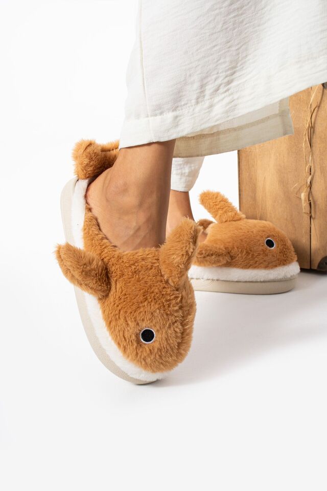 Kadın Kalın Tabanlı İçi Kürklü Sıcak Astarlı Köpek Balığı Figürlü Ev Terliği Sessiz Taban TABA - 38-39