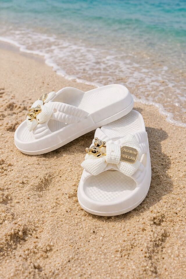 Kadın Fiyonk Detaylı Ayıcıklı Plaj Terliği-Hafif Taban Kaymaz Günlük Yazlık Deniz Havuz Terliği Rahat Konforlu Şık Tasarım KREM - 40