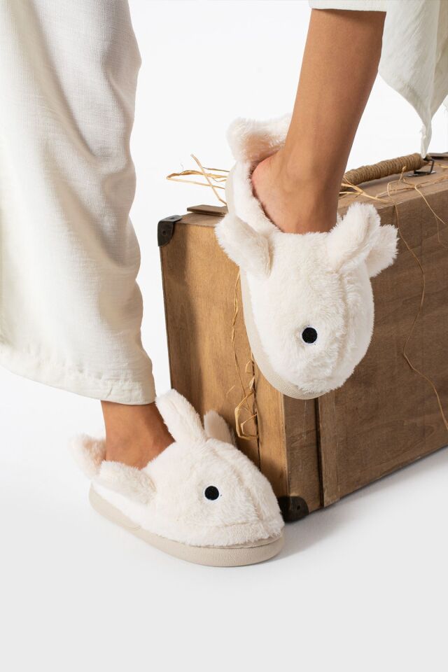 Kadın Kalın Tabanlı İçi Kürklü Sıcak Astarlı Köpek Balığı Figürlü Ev Terliği Sessiz Taban EKRU - 36-37