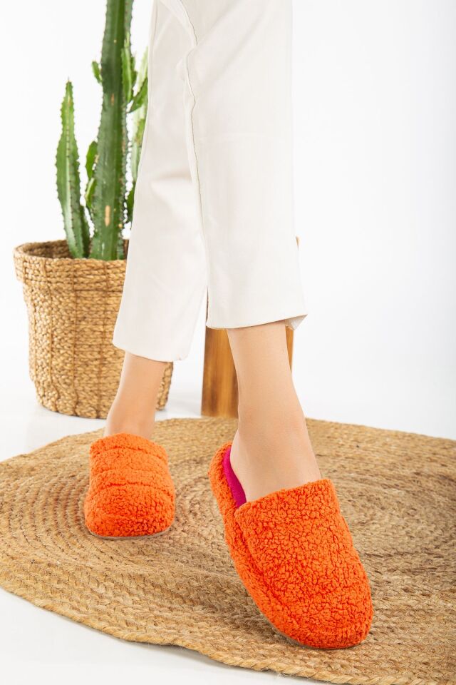 Kuzu Kumaş Yünlü Sessiz Taban Kadın Terlik Kapalı Ev Terliği TURUNCU - 39