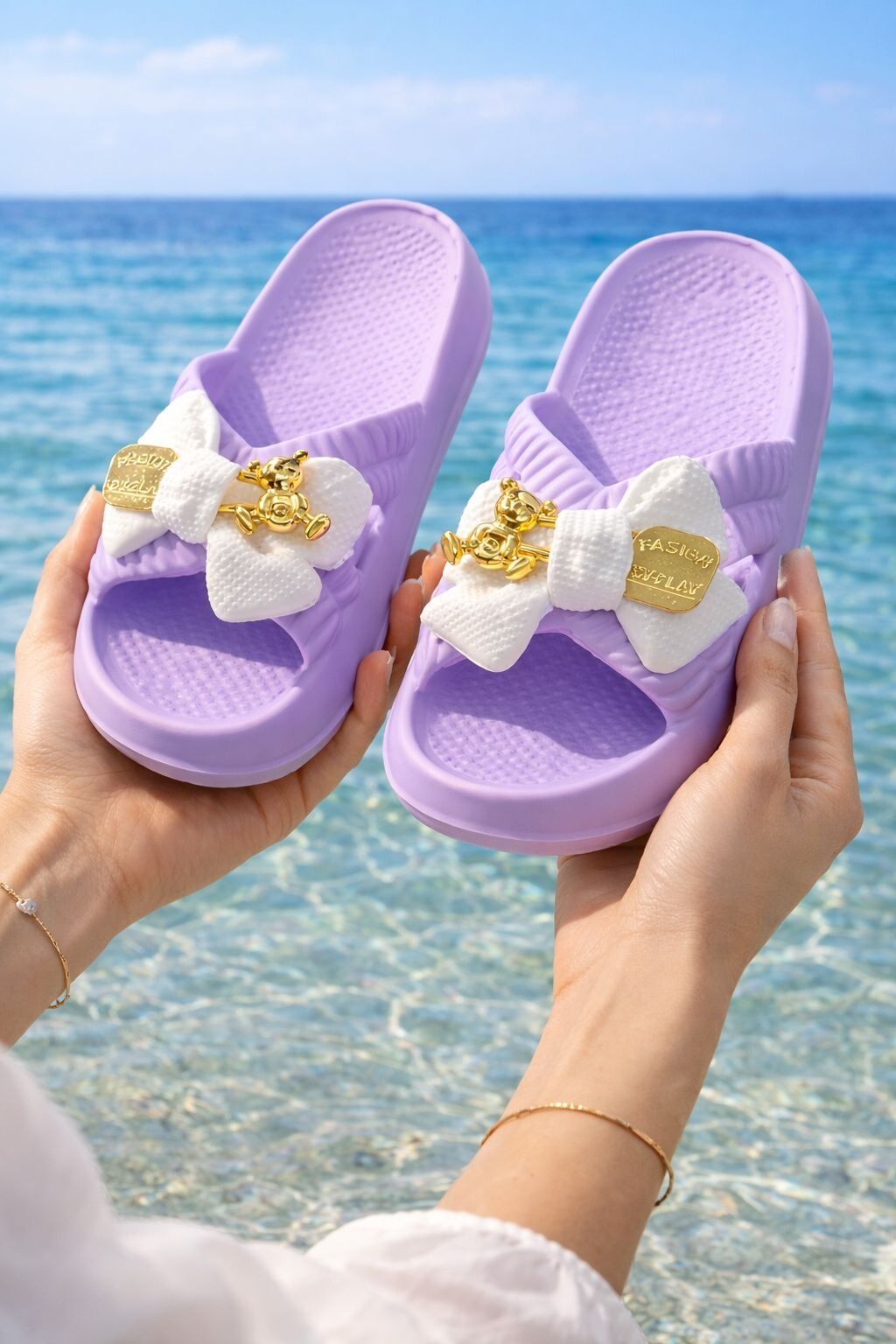 Kadın Fiyonk Detaylı Ayıcıklı Plaj Terliği-Hafif Taban Kaymaz Günlük Yazlık Deniz Havuz Terliği Rahat Konforlu Şık Tasarım LİLA - 38