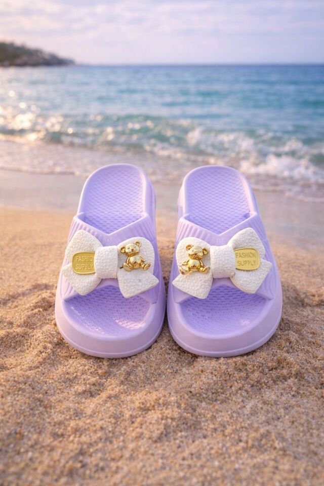 Kadın Fiyonk Detaylı Ayıcıklı Plaj Terliği-Hafif Taban Kaymaz Günlük Yazlık Deniz Havuz Terliği Rahat Konforlu Şık Tasarım LİLA - 38