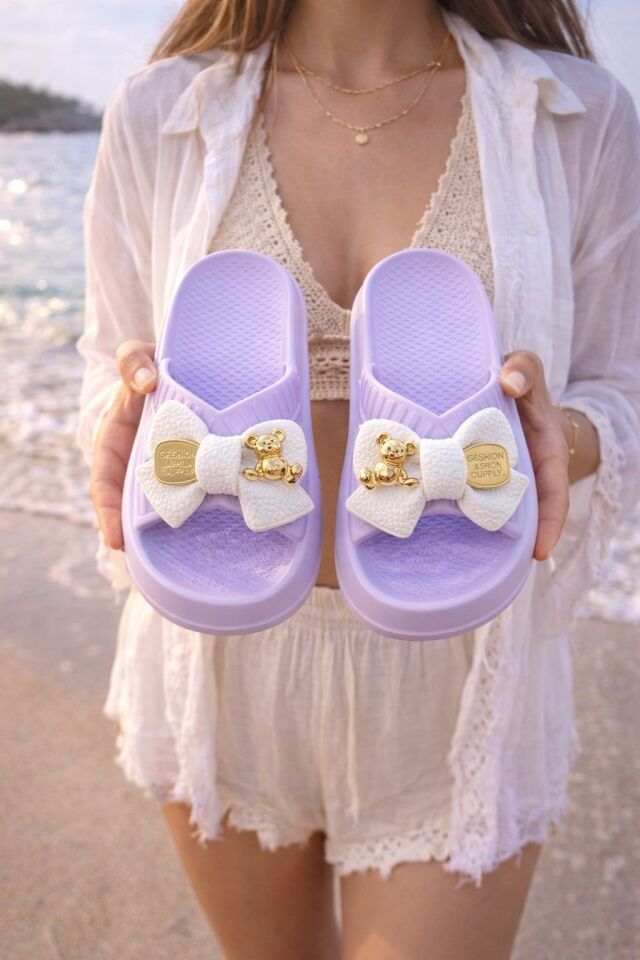 Kadın Fiyonk Detaylı Ayıcıklı Plaj Terliği-Hafif Taban Kaymaz Günlük Yazlık Deniz Havuz Terliği Rahat Konforlu Şık Tasarım LİLA - 38