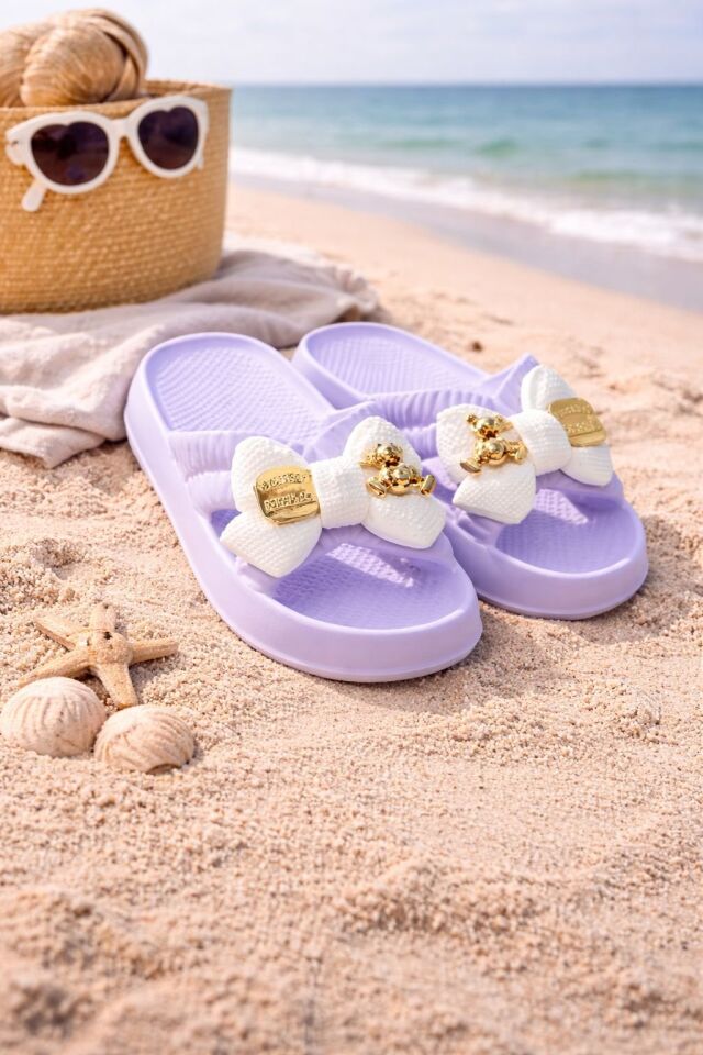 Kadın Fiyonk Detaylı Ayıcıklı Plaj Terliği-Hafif Taban Kaymaz Günlük Yazlık Deniz Havuz Terliği Rahat Konforlu Şık Tasarım LİLA - 38