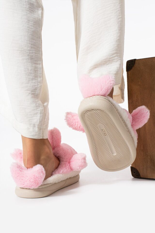 Kadın Kalın Tabanlı İçi Kürklü Sıcak Astarlı Köpek Balığı Figürlü Ev Terliği Sessiz Taban PEMBE - 36-37