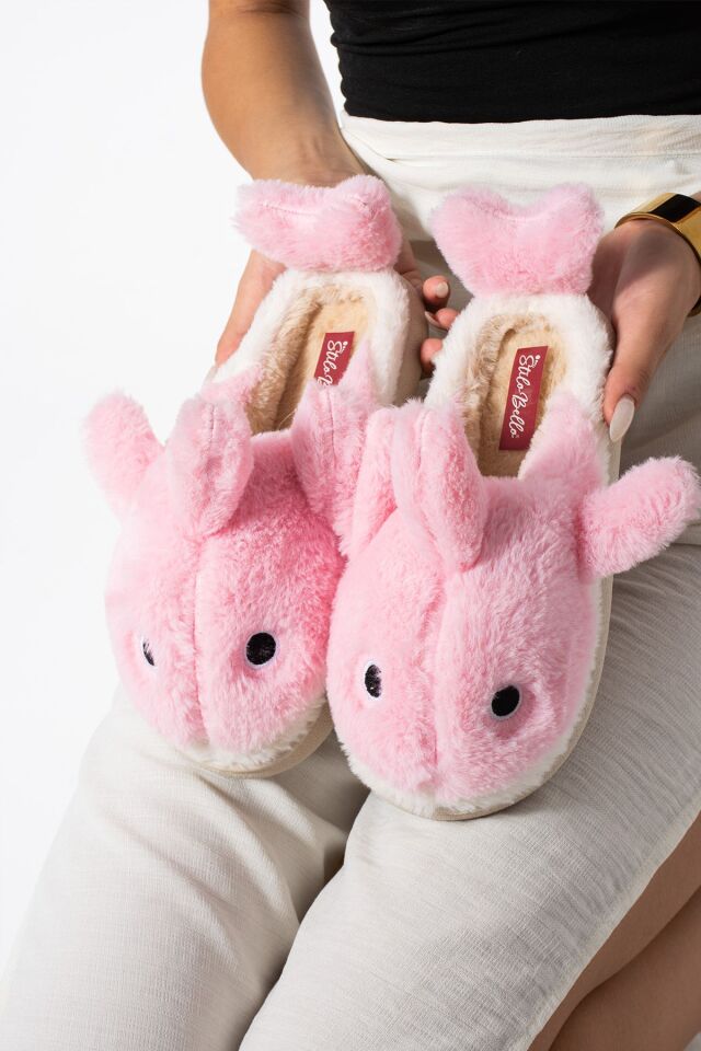 Kadın Kalın Tabanlı İçi Kürklü Sıcak Astarlı Köpek Balığı Figürlü Ev Terliği Sessiz Taban PEMBE - 36-37