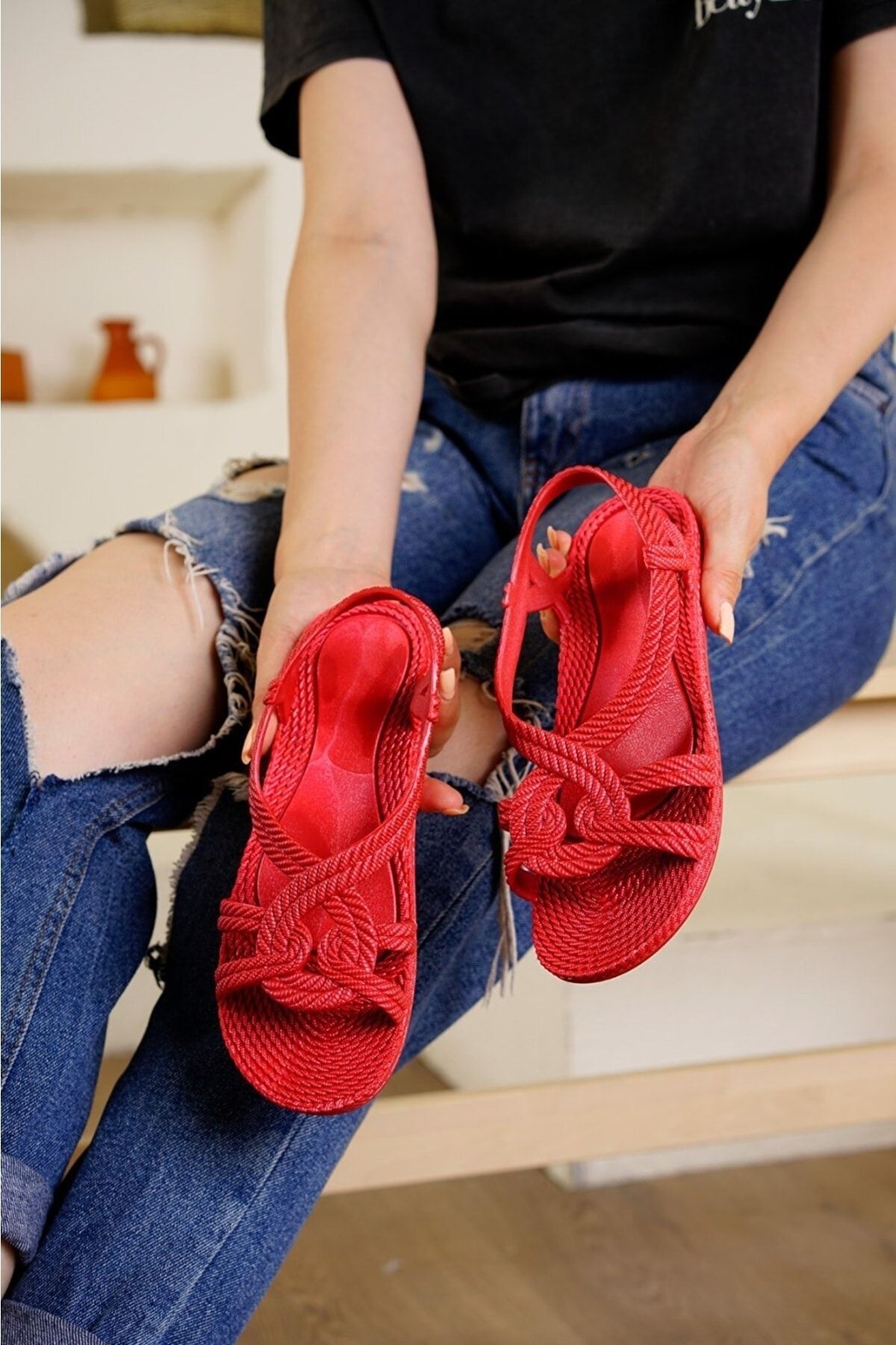 Sandalet Plastik Kaymaz Taban Plaj Sokak KIRMIZI - 36