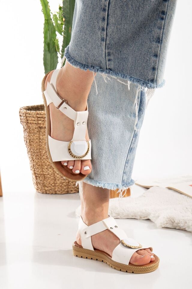 Taş Detaylı Cırtlı Kadın Sandalet BEYAZ - 40