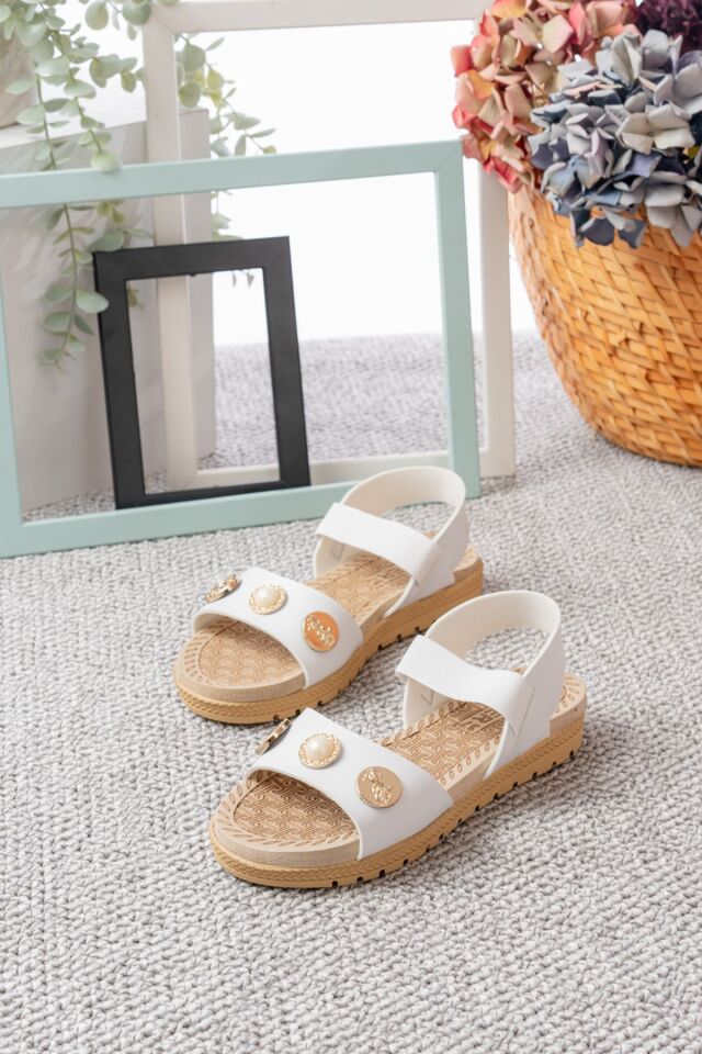 Taş Detaylı Cırtlı Kadın Sandalet BEYAZ - 40