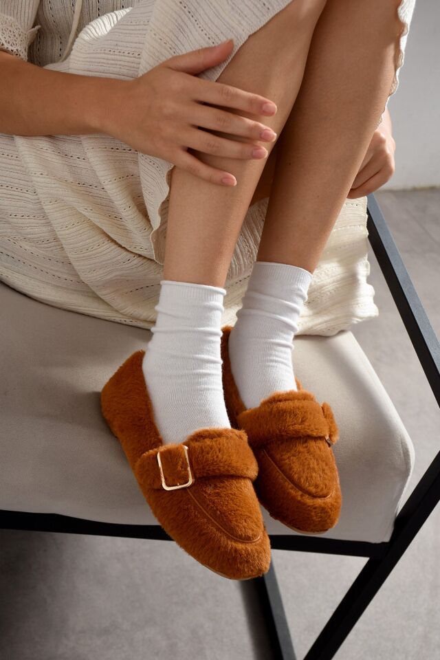 Yumuşak Peluş Tokalı Kadın Ev Babeti Ses Yapmaz Hafif Taban Panduf Ev Babeti TABA - 40