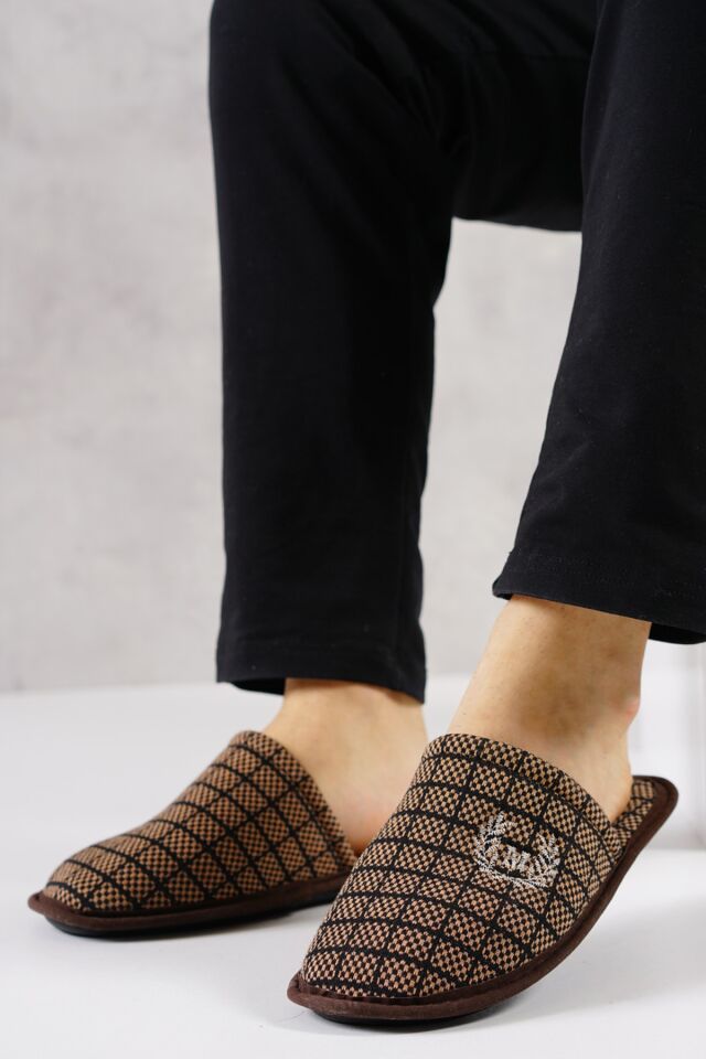 Erkek Ev Terliği Kare Desenli Lacivert KAHVERENGİ - 43