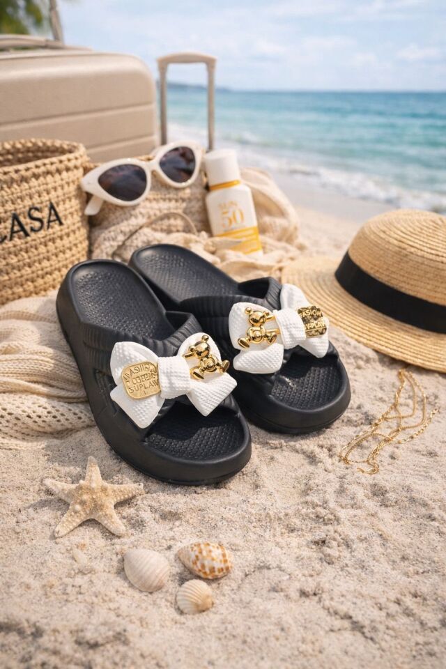 Kadın Fiyonk Detaylı Ayıcıklı Plaj Terliği-Hafif Taban Kaymaz Günlük Yazlık Deniz Havuz Terliği Rahat Konforlu Şık Tasarım SİYAH - 40