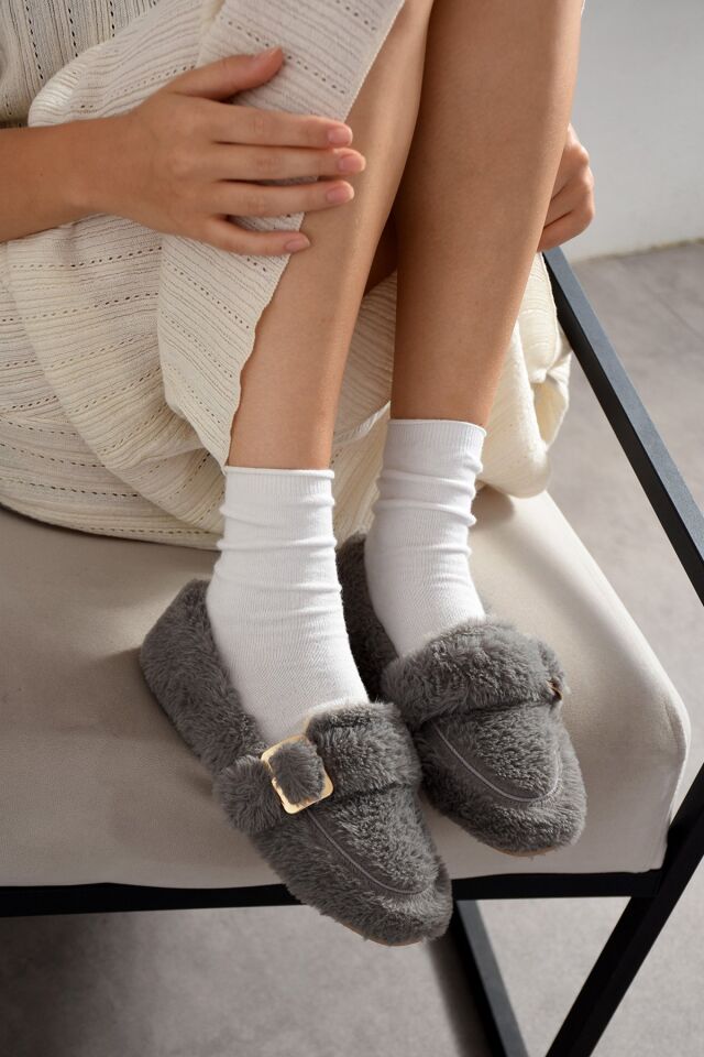 Yumuşak Peluş Tokalı Kadın Ev Babeti Ses Yapmaz Hafif Taban Panduf Ev Babeti KOYU GRİ - 40