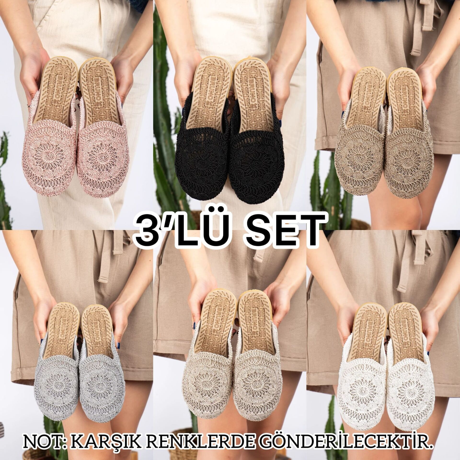 3'lü Kadın Kaymaz Sokak Plaj Banyo Yazlık Gündelik Terlik ÜÇLÜ HASIRLI ÇARIK - 39