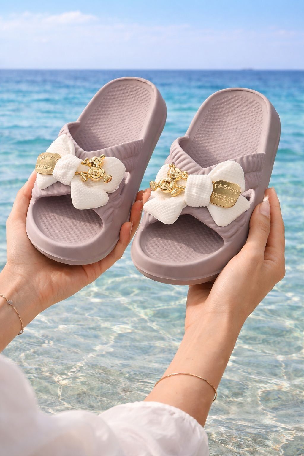 Kadın Fiyonk Detaylı Ayıcıklı Plaj Terliği-Hafif Taban Kaymaz Günlük Yazlık Deniz Havuz Terliği Rahat Konforlu Şık Tasarım VİZON - 40