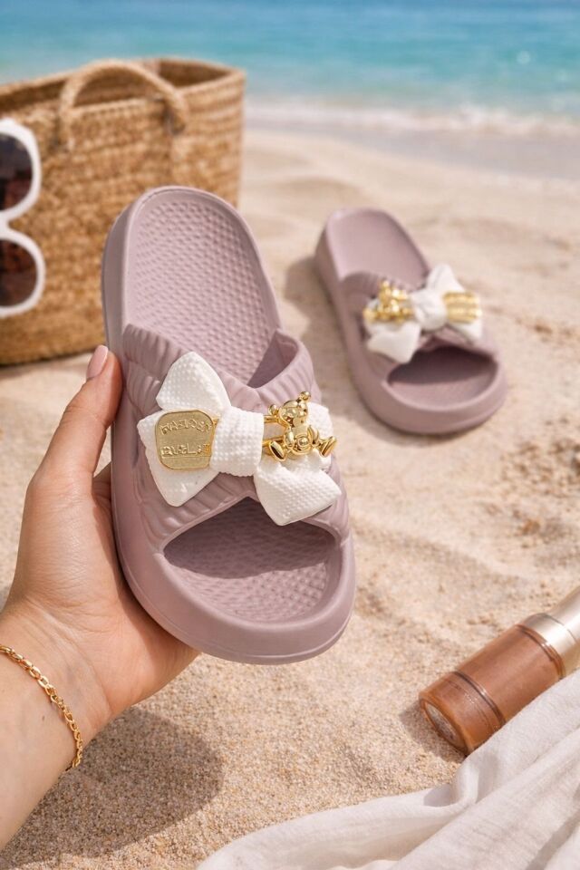 Kadın Fiyonk Detaylı Ayıcıklı Plaj Terliği-Hafif Taban Kaymaz Günlük Yazlık Deniz Havuz Terliği Rahat Konforlu Şık Tasarım VİZON - 40