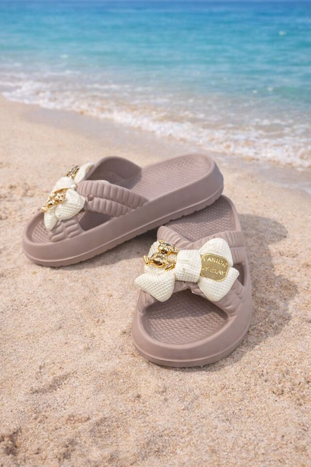 Kadın Fiyonk Detaylı Ayıcıklı Plaj Terliği-Hafif Taban Kaymaz Günlük Yazlık Deniz Havuz Terliği Rahat Konforlu Şık Tasarım VİZON - 40